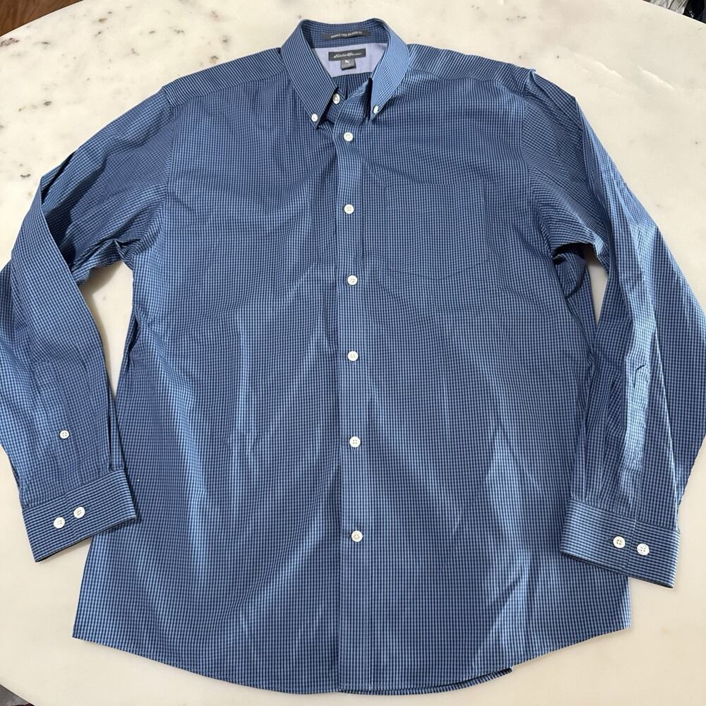 Eddie Bauer Men L Plaid Button Down Shirt Blue Cotton Wrinkle Free Relaxed Fit